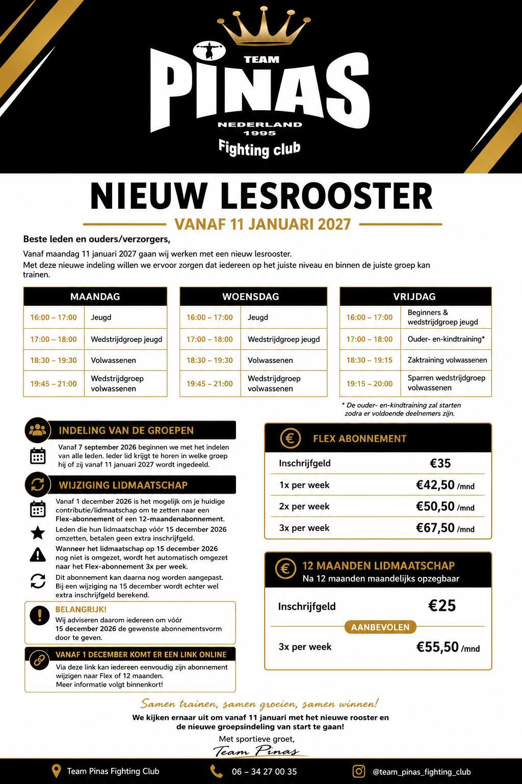Nieuw lesrooster vanaf 11 januari 2027